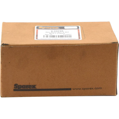 A Sparex brown cardboard box labeled "S.59798" with a barcode and item information sticker on top contains an M12 x 76mm Hexagonal Head Bolt With Nut (TH) featuring a tensile strength of 8.8.