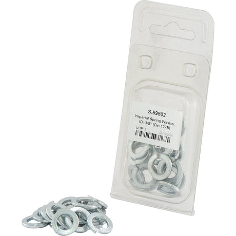 A package of Sparex zinc plated imperial spring washers, with some washers scattered outside the packaging. The label on the packaging reads "Sparex S.59802 Imperial Spring Washer, ID: 3/8" (DIN | Standard No. DIN 127B), 20 pcs, Agripak.