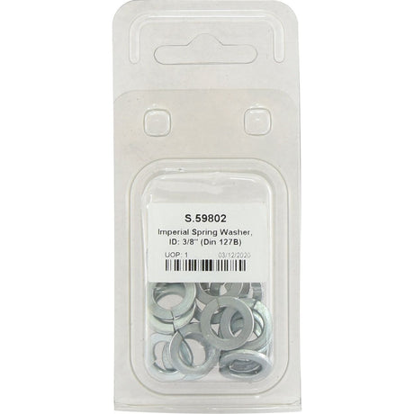 A package of Sparex Imperial Spring Washers, ID: 3/8" (DIN 127B), containing 20 pieces, with a transparent front displaying the contents. The label includes item number S.59802 and date 03/12/2020.