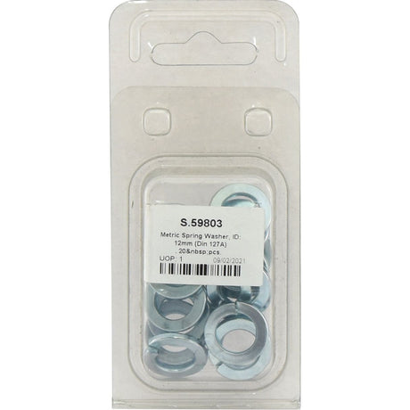 A blister pack of Sparex Metric Spring Washers (ID: 12mm, Standard No. DIN 127A), containing 20 pieces, part number S.59803.