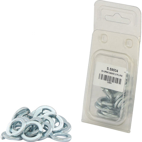 A pack of Zinc Plated DIN 127A Metric Spring Washers is shown, with several washers displayed outside the packaging. The label reads "Sparex S.59804 Metric Spring Washer, ID: 14mm (DIN | Standard No. DIN 127A) 20 pcs Agripak.