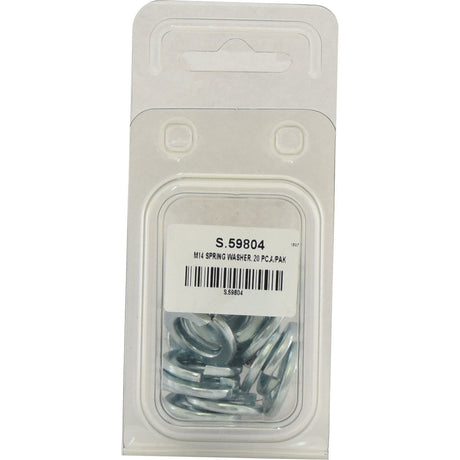 A plastic package containing 20 zinc plated metallic M14 spring washers, adhering to DIN 127A standards, branded as Sparex with a label displaying the product code S.59804.