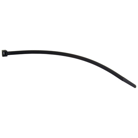 A black Sparex Cable Tie - Non Releasable, 270mm x 7.6mm (Sparex Part No.S.5980), lies on a white background; it is slightly curved and features a ridged surface with a locking mechanism at one end.