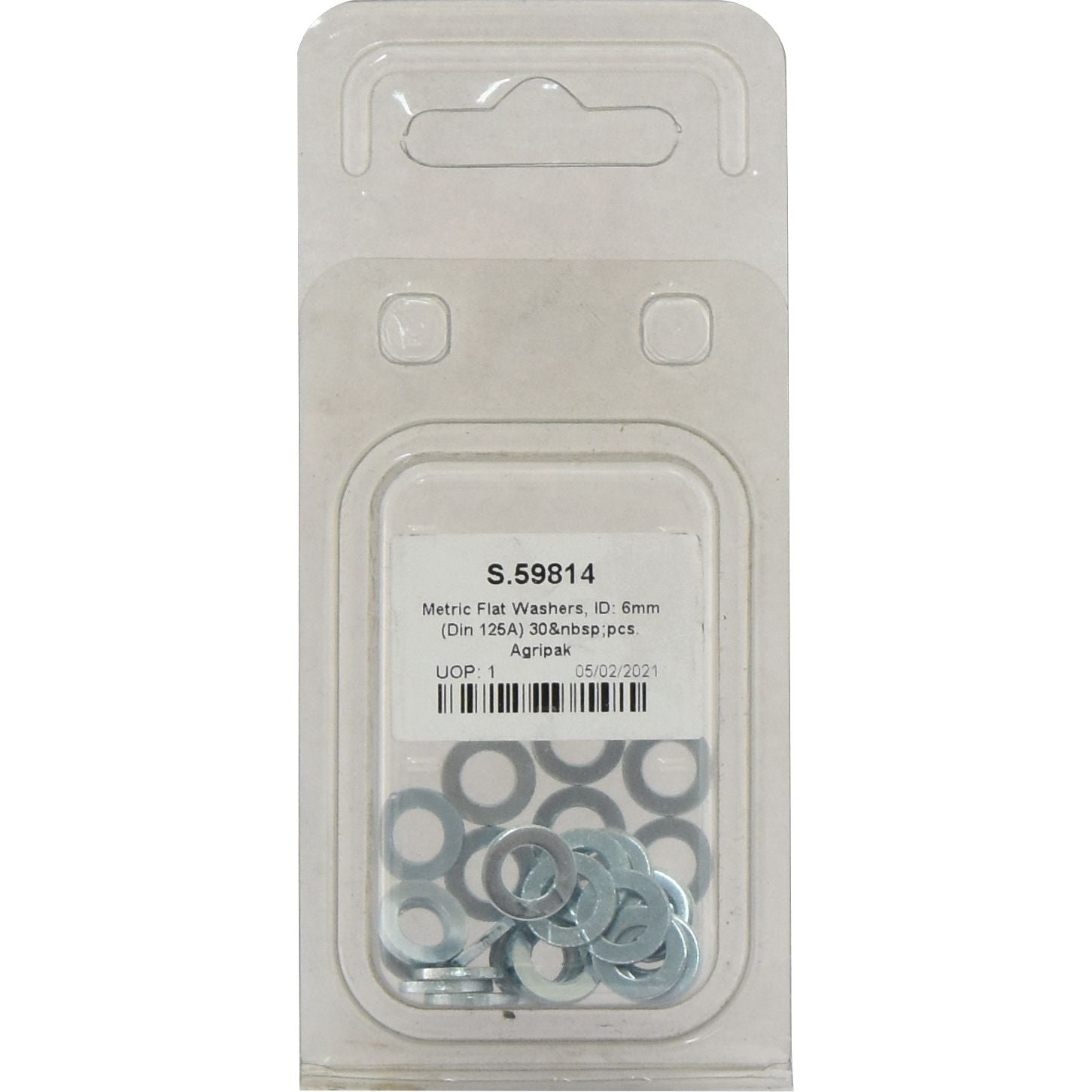 A package of Sparex metric flat washers with an inside diameter of 6mm, containing 30 zinc-plated pieces. The product is labeled with part number S.59814 and packaged by Agripak on 05/02/2021.

