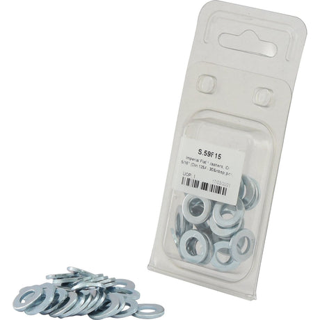 A clear plastic Agripak package labeled with product details for Sparex Imperial Flat Washers (5/16'', DIN 125A), containing 30 pieces, next to a scattered pile of identical washers.