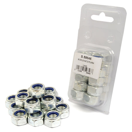 A pile of fourteen zinc-plated nuts is shown next to a pack of twelve Metric Self Locking Nuts, M12x1.75mm (DIN 985) in clear plastic packaging labeled "Sparex Part No.S.59846" from the brand Sparex.