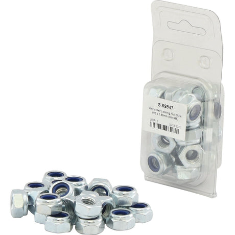 A Sparex plastic package and several loose Metric Self Locking Nuts, M10x1.50mm (DIN 985) Metric Coarse (Sparex Part No.S.59847), zinc-plated with nylon inserts, are arranged in front of it.