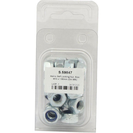 Plastic packaging containing Sparex Metric Self Locking Nuts, M10 x 1.50mm (DIN 985) Metric Coarse, Part No. S.59847, zinc plated for added durability, and a label and barcode visible on the front.