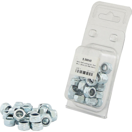 A pack of M8 self-locking nuts with the package partially open, revealing several nuts outside. The label on the packaging displays details such as size and part number, showcasing these zinc-plated metric nuts, specifically Metric Self Locking Nut, M8x1.25mm (DIN 985) Metric Coarse by Sparex (Part No.S.59848).