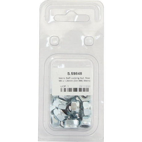 A sealed plastic package contains several Metric Self Locking Nuts, size M8 x 1.25mm (DIN 985) Metric Coarse, from the brand Sparex. The label on the package reads "Sparex Part No.S.59848" and has additional product and packaging information.