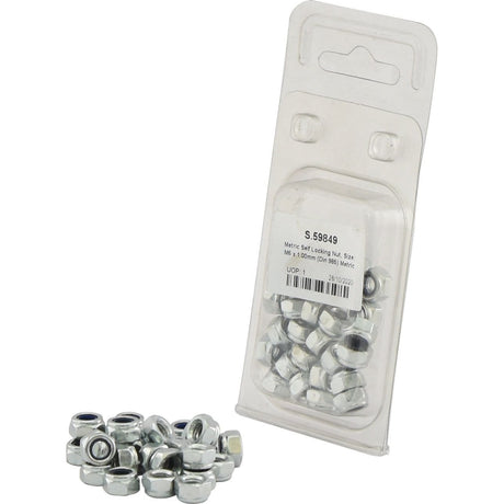 Plastic package containing several Sparex Metric Self Locking Nuts (M6x1.00mm, DIN 985) with a label displaying the part number S.59849, specifications, and a barcode.