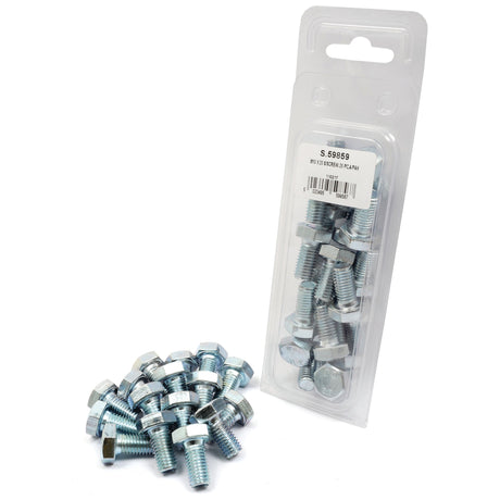 A plastic pack and a small pile of Sparex Metric Setscrews, specifically M10x100mm (DIN 933) zinc plated hex bolts with tensile strength 8.8 (Sparex Part No. S.59859), are shown against a white background.