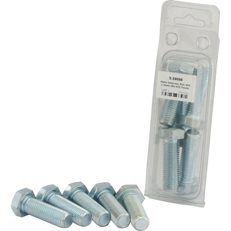 Pack of six Sparex M16x50mm (DIN 933) hex bolts with four bolts positioned outside and two remaining inside a clear plastic packaging. Zinc plated for durability, this metric setscrew set (Sparex Part No.S.59866) offers reliable performance with an 8.8 tensile strength.