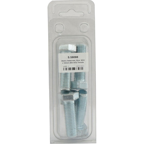 Plastic package containing six Sparex metric setscrews, part number S.59866, size M16 x 50mm (DIN 933) with hexagonal heads and a tensile strength of 8.8.