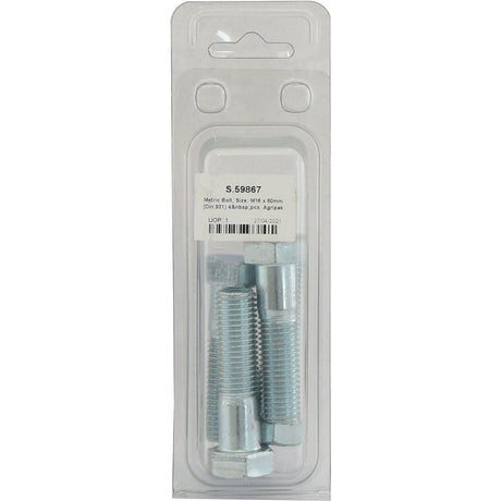 Plastic packaging containing four hex bolts and nuts, labeled with product information including size M16 x 60mm. These Sparex bolts (Sparex Part No. S.59867) are zinc plated for added corrosion resistance and feature a metric coarse thread.