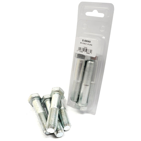 The package of Sparex Metric Bolts, M16x80mm (DIN 931), labeled with barcode and label as Sparex Part No.S.59868, includes four zinc-plated metal bolts in total, with three loose bolts visible in front. These Metric Coarse bolts provide a tensile strength of 8.8, ensuring superior durability.