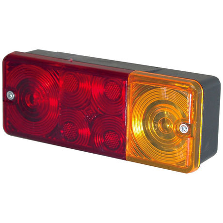 The Sparex Rear Combination Light (Halogen), model S.5986, is a rectangular vehicle taillight featuring a red lens on the left and an amber lens on the right, housed in a black casing. It includes halogen bulbs for optimal brightness and serves three functions: brake, tail, and indicator lights at 12V for both right-hand and left-hand applications.