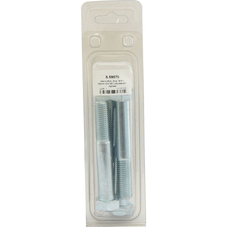 A clear plastic package containing four zinc-plated metric bolts (M16x100mm, DIN 931) and corresponding nuts, labeled with a white sticker displaying product information and the barcode. Product Name: Metric Bolt, M16x100mm (DIN 931) 4 pcs. Agripak | Sparex Part No.S.59870 by Sparex.