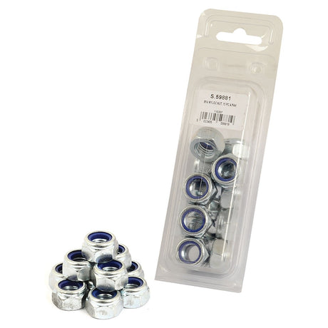 A pile of Sparex Metric Self Locking Nuts, M14x2.00mm (DIN 985) Metric Coarse (Sparex Part No.S.59881), featuring zinc plating and blue inner rings, sits next to a clear plastic package containing similar nuts.