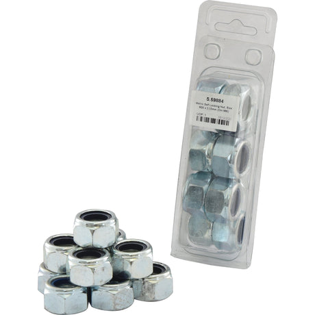 A stack of Sparex Metric Self Locking Nuts, M20x2.50mm (DIN 985), beside a plastic package containing more of the same, featuring identical self-locking nuts with a price tag on the packaging.