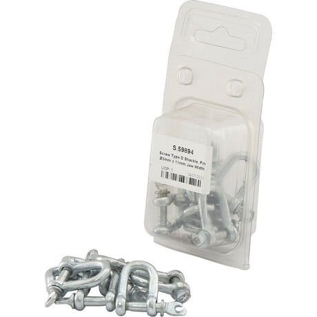 A clear plastic package labeled "Screw Type D Shackle, Pin Ø5mm x 11mm Jaw Width (3 pcs. Agripak)" contains galvanized mild steel screw type D shackles, with several more outside the package. The label includes specifications and mentions Sparex Part No.S.59894 for quality assurance.