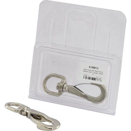 A metal Snap Hook with Swivel End, Ø20mm (3/4'') and a Length of 93mm (3 3/4''), branded Sparex Part No.S.59912 is shown in Agripak packaging, labeled with product details and a price tag of $5.99, alongside a similar hook displayed outside the package.