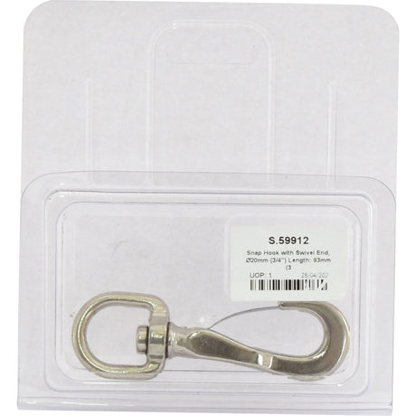 A Snap Hook with Swivel End, measuring 93mm in length and labeled as Sparex part number S.59912, is displayed in its packaging from Agripak.