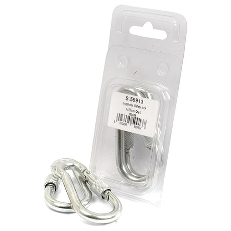 Two silver snap hook safety locks, each measuring 7mm in diameter and 70mm in length, packaged in a clear plastic container labeled with the Sparex Part No. S.59913 on a white background, by Sparex.