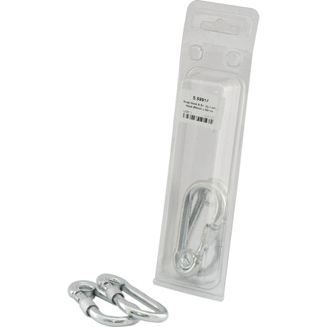 Two Sparex Snap Hook & Safety Lock carabiners (Part No. S.59914) with an 8mm diameter and 80mm length, one packaged in clear Agripak plastic and the other lying outside the packaging.
