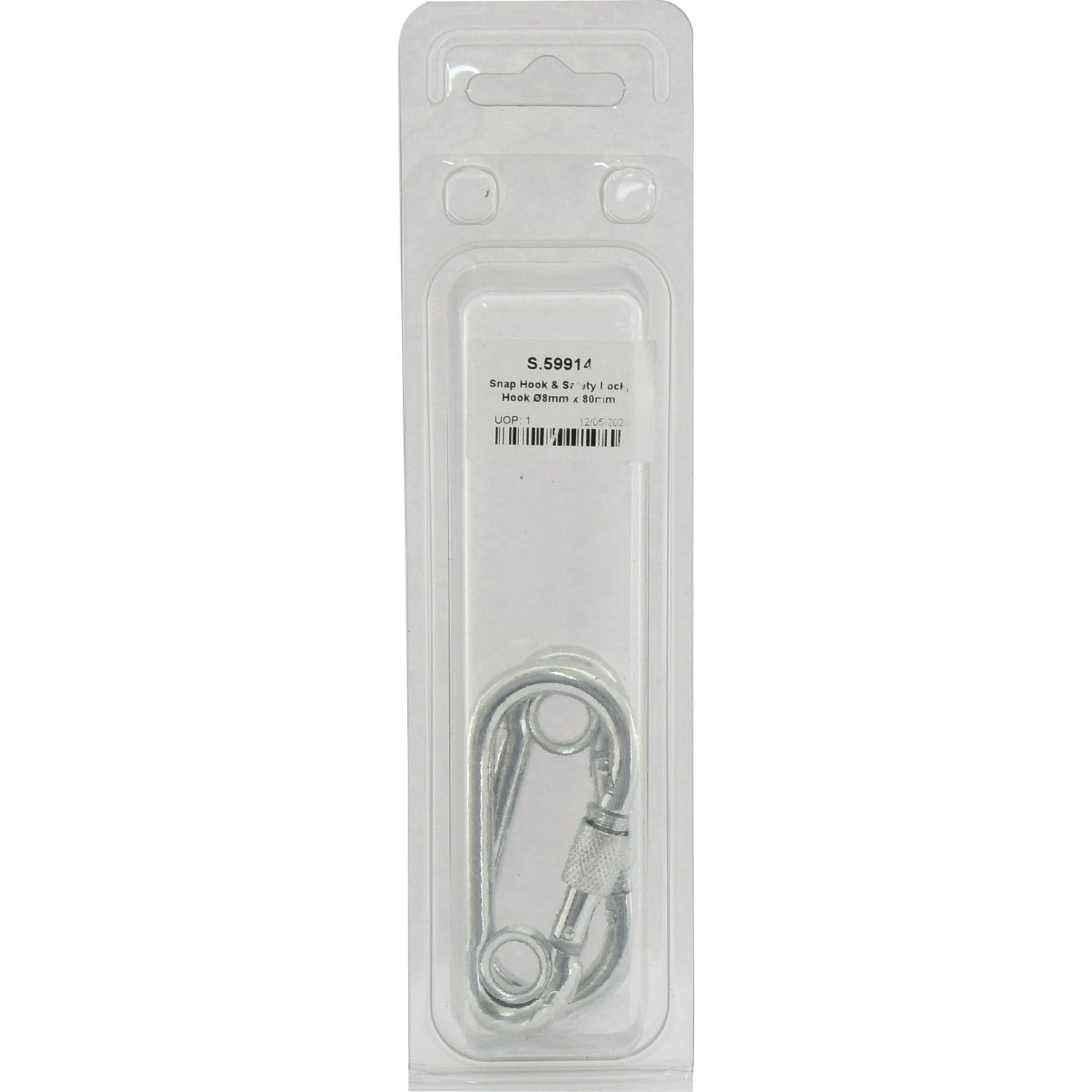 A packaged Sparex Snap Hook & Safety Lock, featuring an 8mm diameter and 80mm length, labeled "S.59914," is displayed in a clear plastic casing with an Agripak barcode.