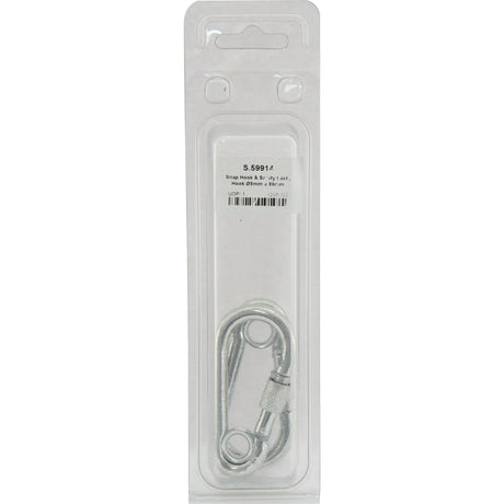 A packaged Sparex Snap Hook & Safety Lock, featuring an 8mm diameter and 80mm length, labeled "S.59914," is displayed in a clear plastic casing with an Agripak barcode.