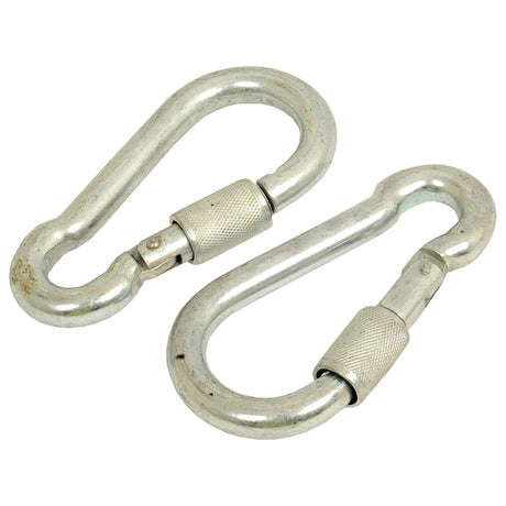 Two Sparex Snap Hook & Safety Locks, model S.59916 with a hook diameter of 10mm and length of 100mm, slightly tarnished, placed side by side on a white background.