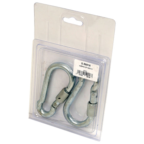 Two Snap Hook & Safety Lock carabiner clips, each with a 10mm diameter and 100mm length, come equipped with safety lock mechanisms. They are packaged in clear plastic and affixed to a cardboard backing. The product label features the Sparex Part No. S.59916 along with a barcode.
