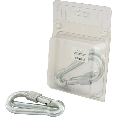 A metal carabiner, the Snap Hook & Safety Lock from Sparex (Hook Ø11mm x 120mm | Sparex Part No.S.59917), is positioned in front of its plastic Agripak packaging, which features a label with product details.