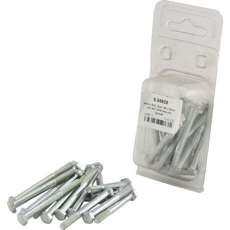 A pack of bolts labeled "Metric Bolt, M5x50mm (DIN 931) 20 pcs. Agripak" by Sparex, featuring several loose bolts displayed in front of the packaging.