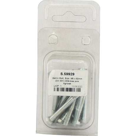 A pack of zinc-plated Metric Bolts, size M5 x 50mm (DIN 931), containing 20 pieces branded as Sparex. The product, with part number S.59929 and a date stamp of 10/08/2020, boasts an impressive tensile strength rating of 8.8 for robust applications.