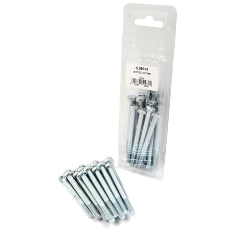 Pack of Sparex Metric Bolt, M6x70mm (DIN 931) 20 pcs. Agripak with a group of loose metric coarse bolts displayed in front of the package, containing a barcode and product information.