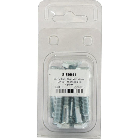 A plastic package containing fifteen zinc-plated metric coarse bolts, labeled "S.59941" with size M8 x 40mm (DIN 931) and branded by Sparex.