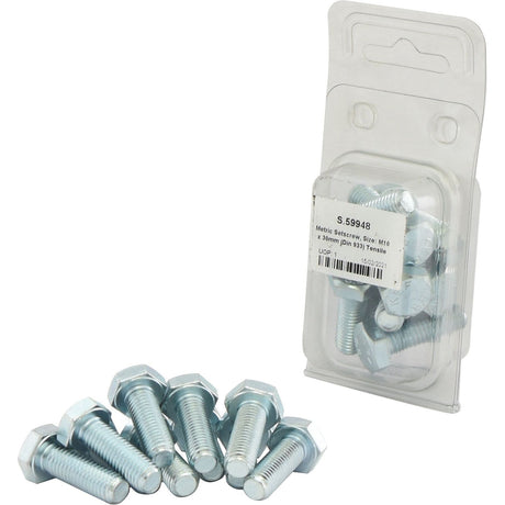 A package of bolts is displayed in front of a plastic container holding more bolts. The package label reads "S.59948" and contains size and quantity details, featuring Metric Setscrews in size M10x30mm (DIN 933) with a tensile strength of 8.8, which are Zinc Plated for durability from the brand Sparex.
