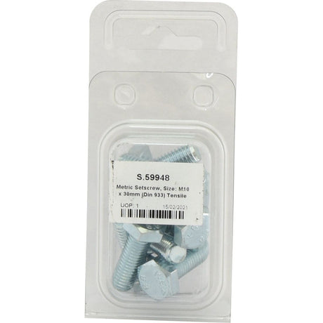 A plastic blister pack containing zinc-plated Metric Setscrews, M10x30mm (DIN 933) with a tensile strength of 8.8, labeled with Sparex Part No. S.59948 from the brand Sparex.