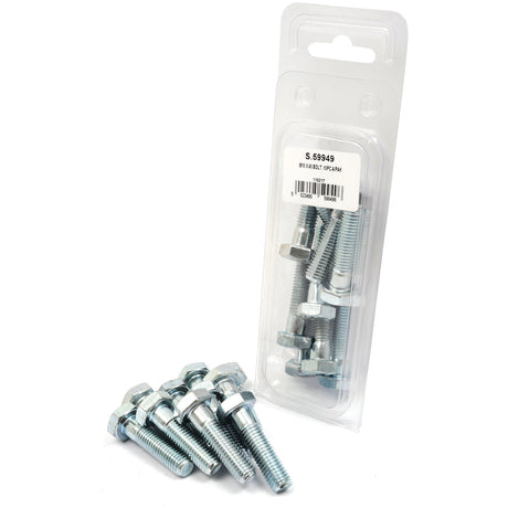 A set of Sparex Metric Bolts, M10x40mm (DIN 931), 10 pieces (Sparex Part No. S.59949), is displayed, with some bolts outside a plastic package that has an Agripak label. The metallic bolts feature a hexagonal head, adhering to standard bolt specifications.