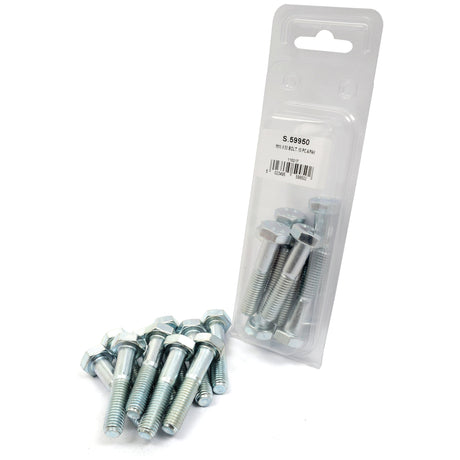 A package of six zinc-plated M10x50mm metric bolts with washers, one pack unopened and six bolts and washers outside. The pack, featuring a label with the code "S.59950," is part of a set of 10 pcs in metric coarse threading by Sparex, known as the Metric Bolt, M10x50mm (DIN 931) 10 pcs. Agripak.