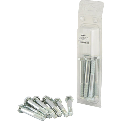 A pack of Metric Bolts, M10x80mm (DIN 931) – 10 pcs. Agripak from Sparex is displayed, with some bolts removed and placed alongside the packaging. The zinc-plated, metallic bolts are new and feature a metric coarse thread for secure fastening.