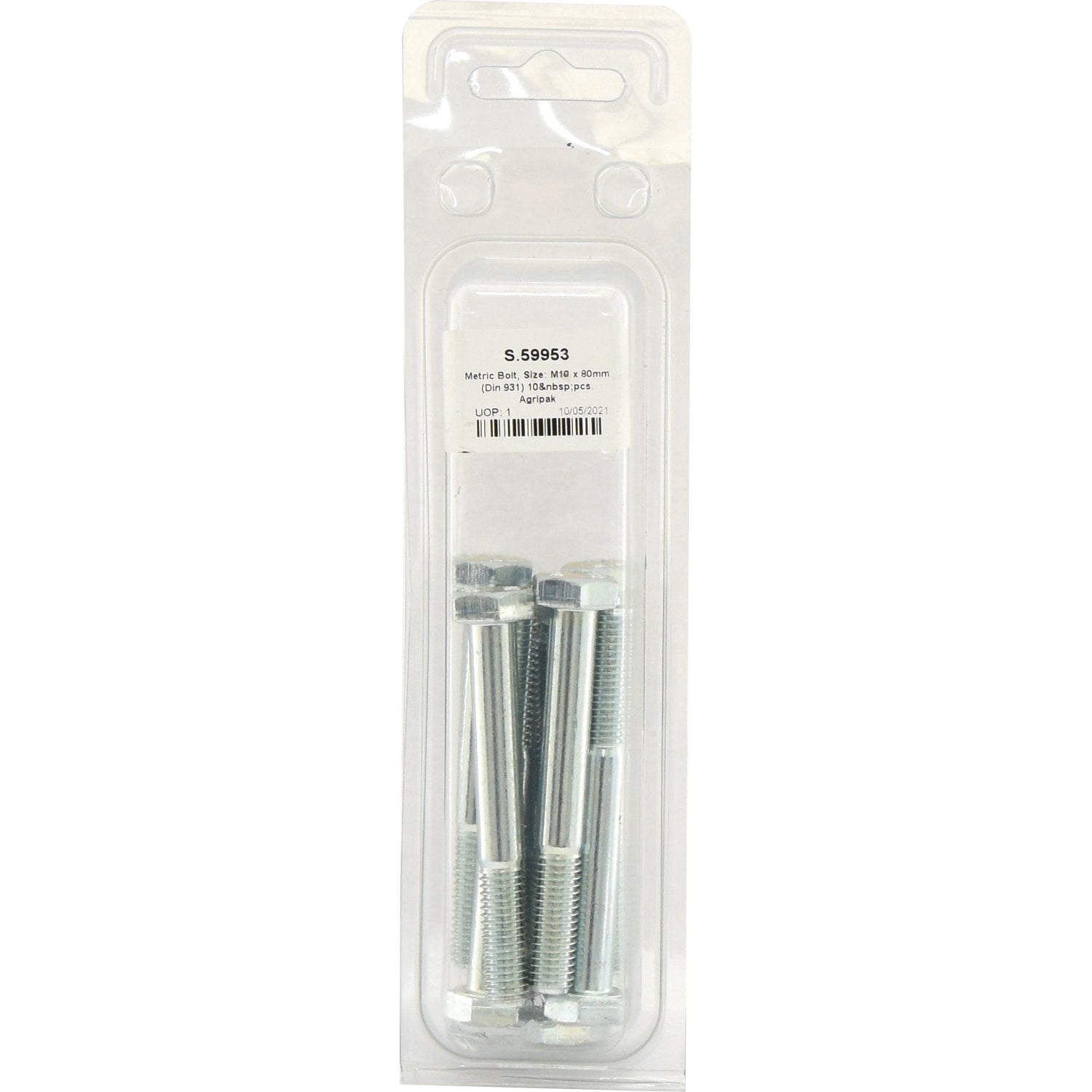 A packaged set of ten Sparex Metric Bolts, labeled "S.59953," featuring a size of M10x80mm (DIN 931). The packaging is clear plastic with a hanging tab. These bolts are designed with standard metric coarse threading for versatile use.