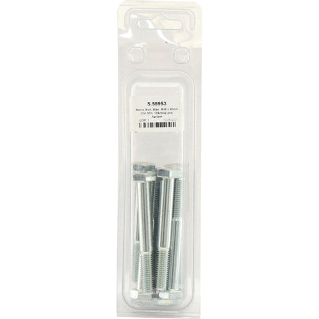 A packaged set of ten Sparex Metric Bolts, labeled "S.59953," featuring a size of M10x80mm (DIN 931). The packaging is clear plastic with a hanging tab. These bolts are designed with standard metric coarse threading for versatile use.