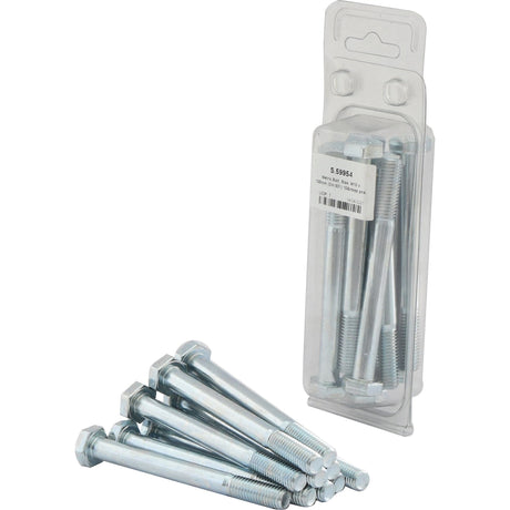 A partially open clear plastic pack of Sparex Metric Bolts, M10x100mm (DIN 931), with ten pieces labeled Agripak, is standing upright next to a small pile of seven loose standard bolts on a white background.