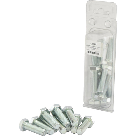 A set of zinc-plated Metric Bolts, M12x40mm (DIN 931), with one bolt out of the package and the others inside a plastic container with a hang tag. The product, which includes 10 pieces, is part number S.59957 from Sparex’s Agripak range.