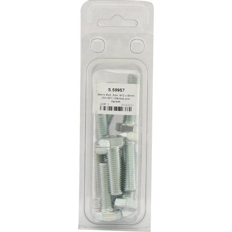 A clear plastic package branded Sparex containing ten metric bolts, specifically M12x40mm (DIN 931) with a part number S.59957, featuring a white label displaying product details including the thread type and corresponding barcodes.