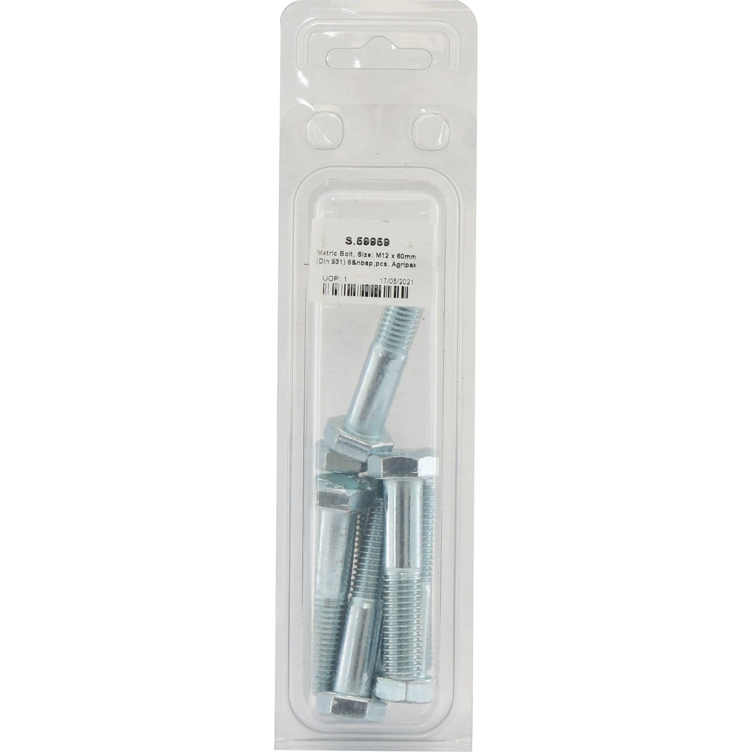 A clear plastic package contains eight metric coarse hex bolts, each M12x60mm in size, along with washers. A label with a barcode and product information for the "Metric Bolt, M12x60mm (DIN 931) 8 pcs. Agripak | Sparex Part No.S.59959" by Sparex is affixed to the top of the package.