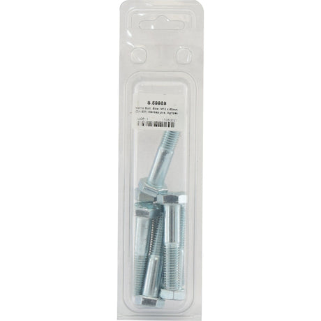 A clear plastic package contains eight metric coarse hex bolts, each M12x60mm in size, along with washers. A label with a barcode and product information for the "Metric Bolt, M12x60mm (DIN 931) 8 pcs. Agripak | Sparex Part No.S.59959" by Sparex is affixed to the top of the package.